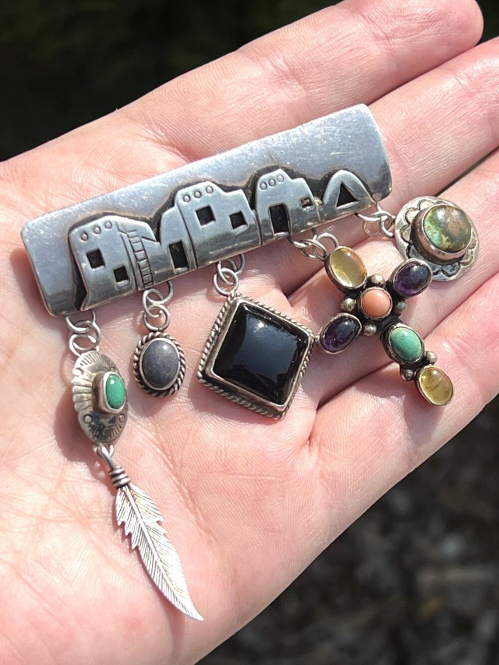 Vintage Nakai 925 Sterling Silver Pueblo Storyteller Multi-Stone Dangle Brooch
